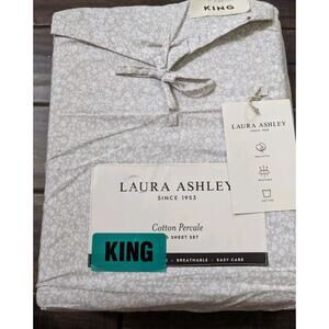 Laura Ashley Beige White Floral Chelsie Vine Cotton Percale King Sheet Set *READ